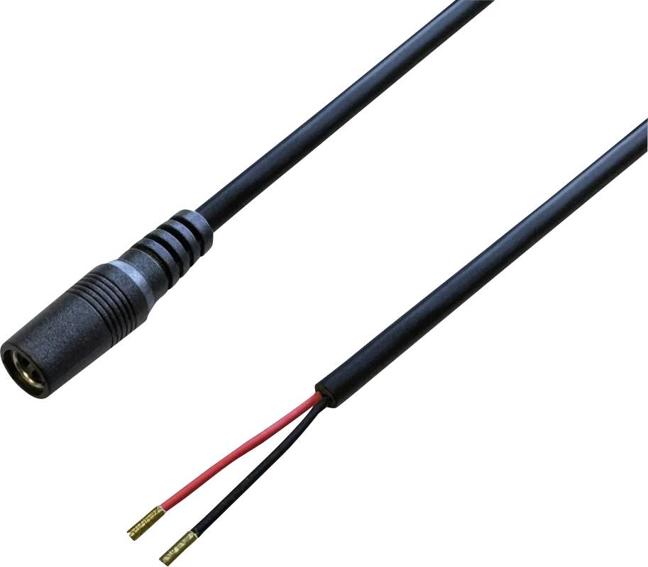 Un gros plan d'un câble noir avec un connecteur barrel DC à une extrémité et deux fils dénudés, rouge et noir, à l'autre extrémité.
