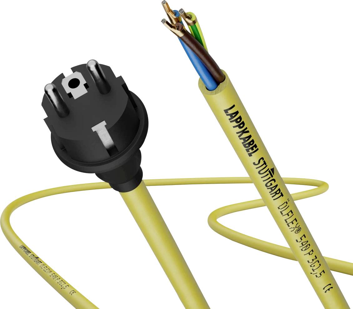 Ein gelbes elektrisches Kabel und ein Stecker mit freiliegenden Innenleitern, beschriftet mit 'Lapp Kabel Stuttgart', was auf ein hochwertiges Kabel des Herstellers Lapp hindeutet.