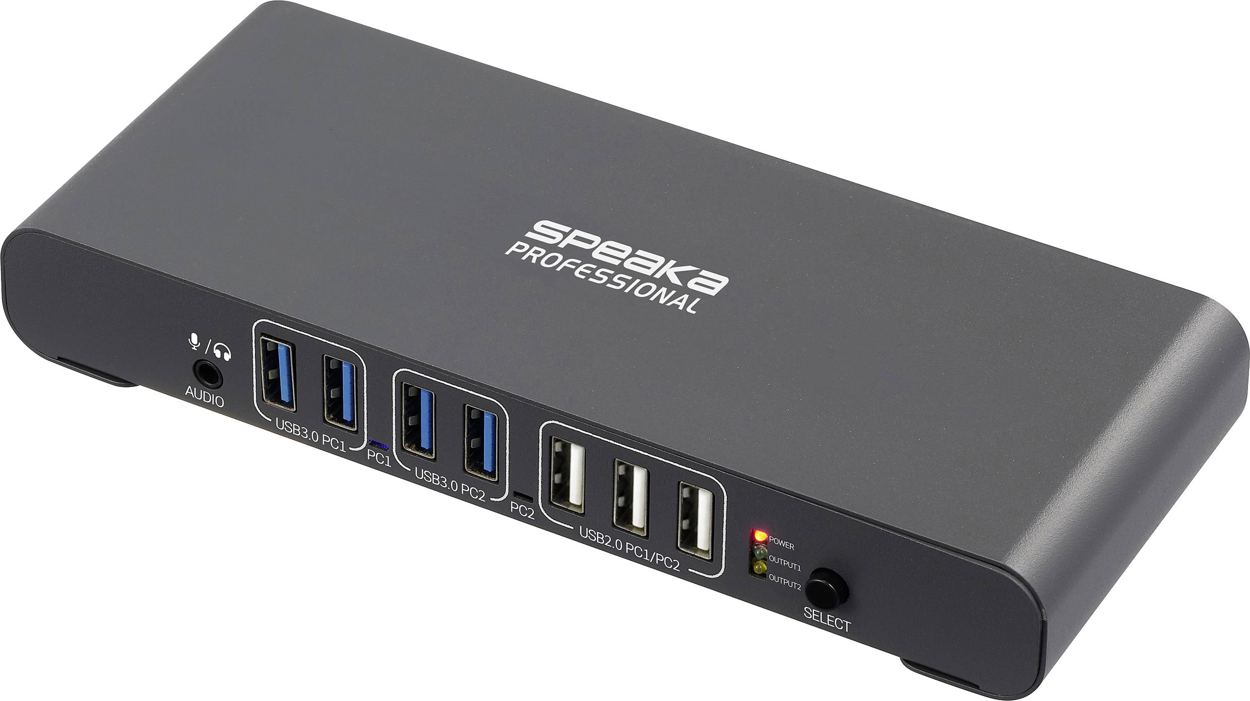 Un concentrateur de commutation USB noir avec six ports étiquetés « USB 3.0 PC1 », « USB 3.0 PC2 », « USB 3.0 PC3 », « USB 2.0 PLC/PC4 », et une prise audio jack 3,5 mm.