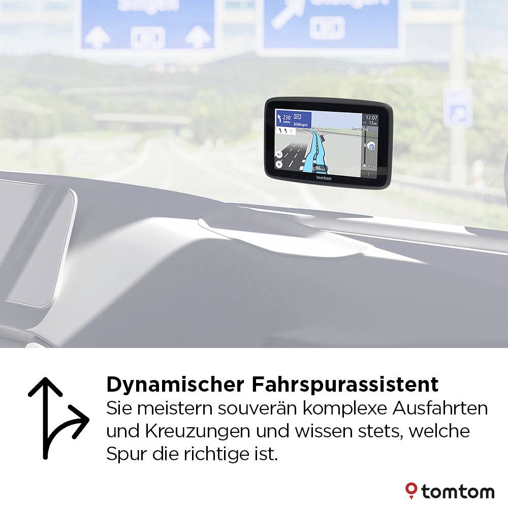 Un écran de navigation GPS affiche une carte avec une assistance dynamique de voie, aidant les conducteurs à sélectionner la bonne voie pour les sorties ou les intersections.