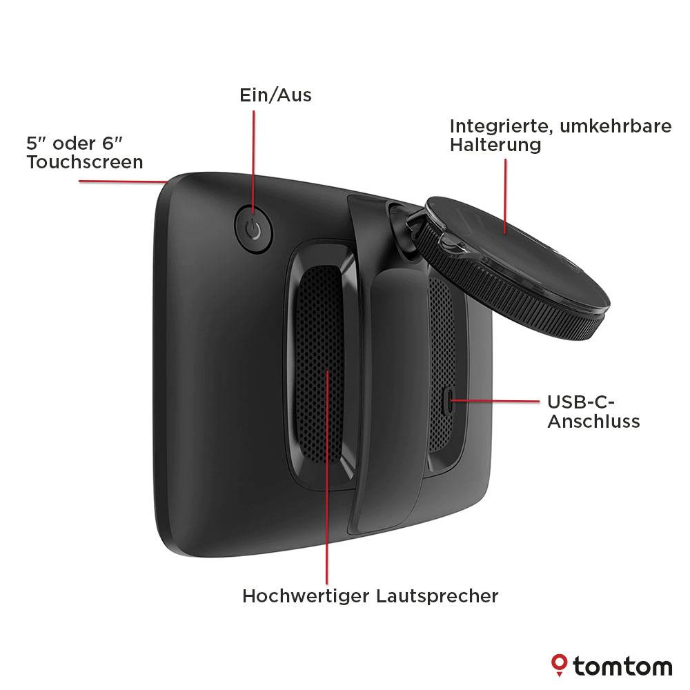 Un appareil GPS présentant ses caractéristiques : bouton Marche/Arrêt, support réversible intégré, port USB-C, écran tactile de 5