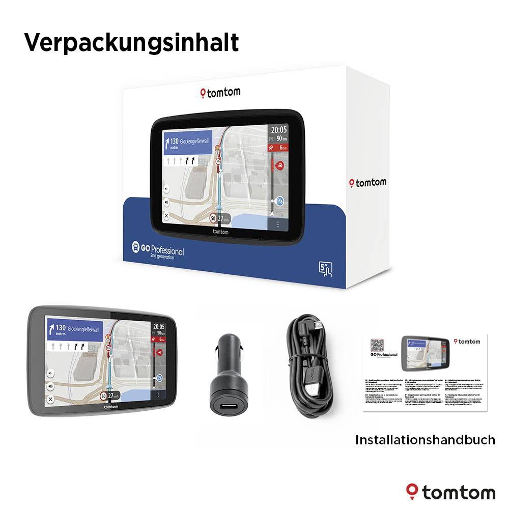L'image montre le contenu d'un colis d'un appareil de navigation TomTom : l'appareil, un chargeur de voiture, un câble et un manuel d'installation.