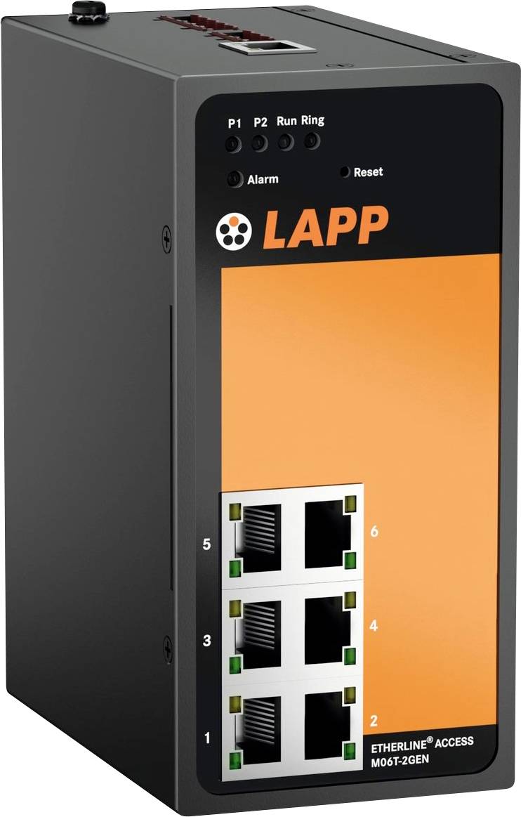 Industrieller Ethernet-Switch mit sechs Ports, gekennzeichnet von 1 bis 6, auf dem Frontpanel dargestellt. Die Marke 'LAPP' ist über den Ports sichtbar.