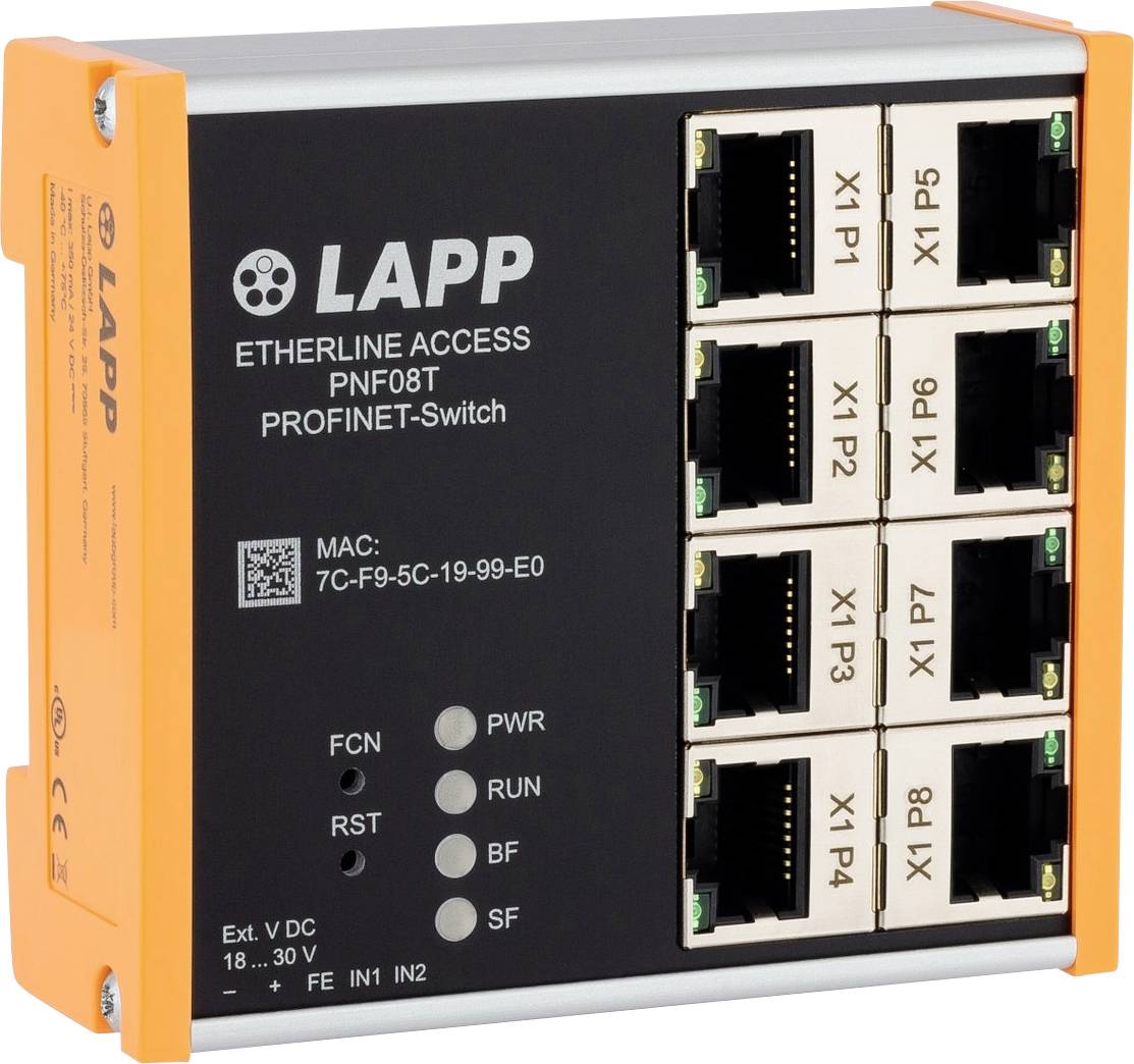 Ethernet-Switch mit der Bezeichnung 'Lapp ETHERLINE ACCESS PNF08T' mit acht Netzwerkanschlüssen, Anzeigen für Stromversorgung, Systemstatus und Reset-Taste.