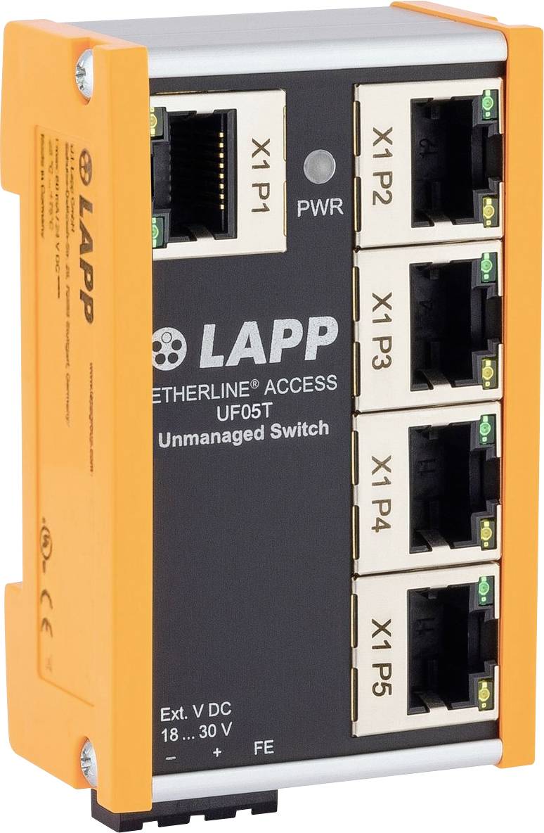 Ein kleiner, orangefarbig umrandeter Ethernet-Switch mit fünf Anschlüssen, beschriftet von 'X1 P1' bis 'X1 P5' und einer Netzanzeige mit der Beschriftung 'PWR' auf einer grauen Platte.