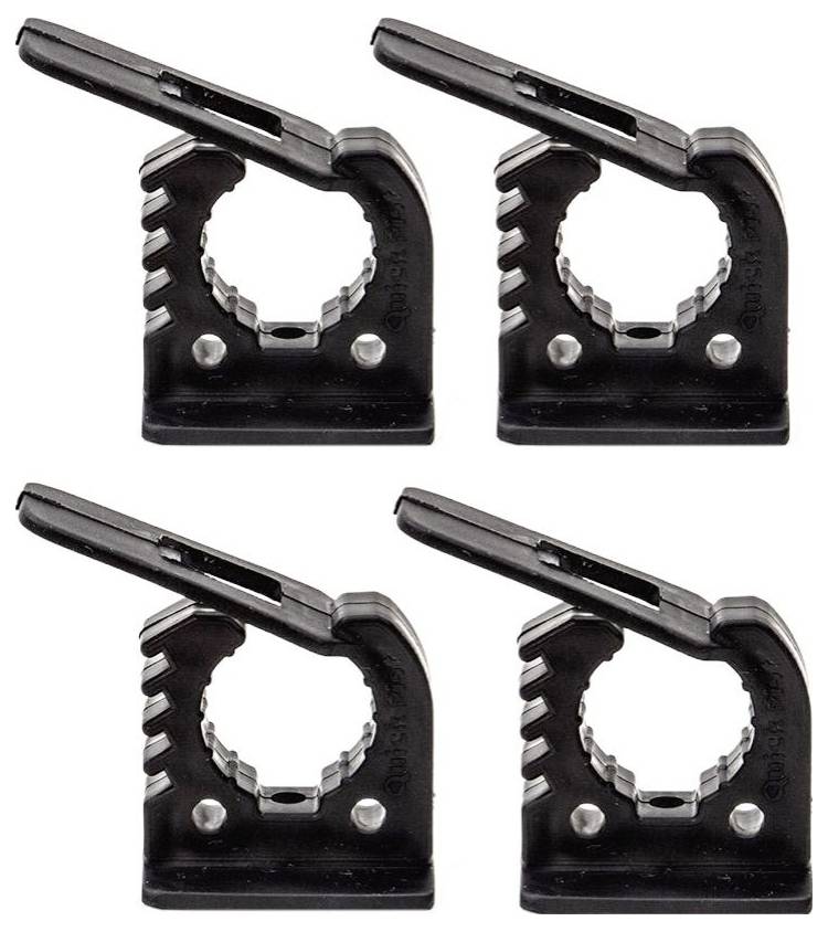 Quatre pinces identiques en noir et métal, disposées en deux rangées. Chaque pince présente un design dentelé pour une meilleure prise, avec une poignée horizontale sur le dessus.