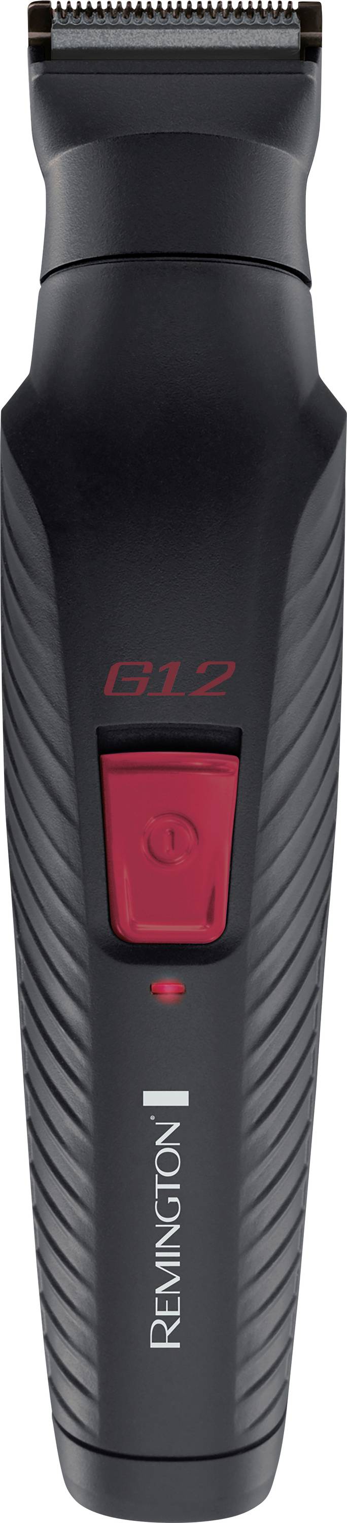 Tondeuse électrique noire et rouge avec poignée texturée, portant la marque 'Remington' et le modèle 'G12' sur le manche.