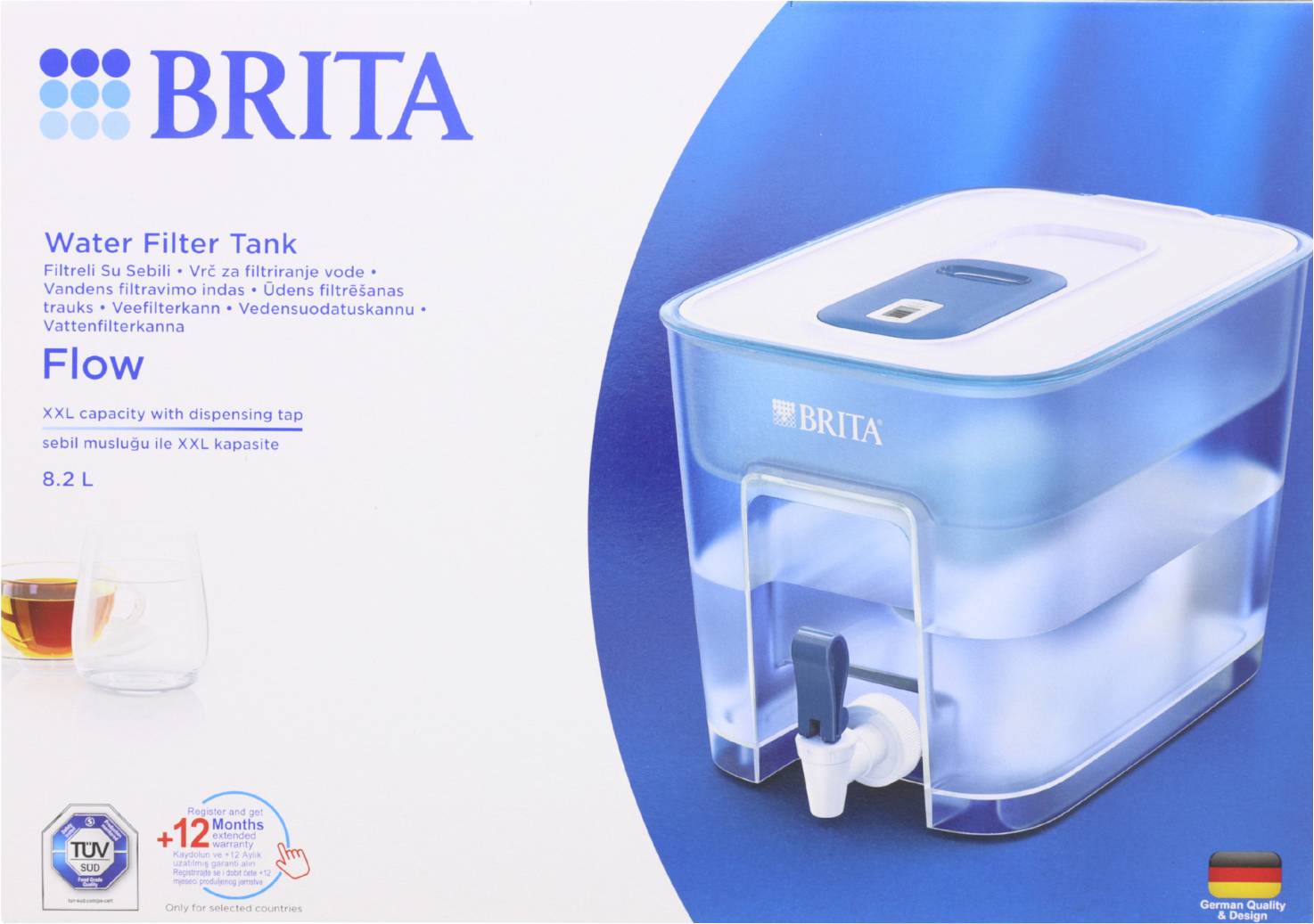 Réservoir de filtre à eau BRITA, modèle à écoulement, capacité de 8,2 L, avec robinet de distribution. Les caractéristiques comprennent une capacité XXL et une durée de vie de 12 mois.
