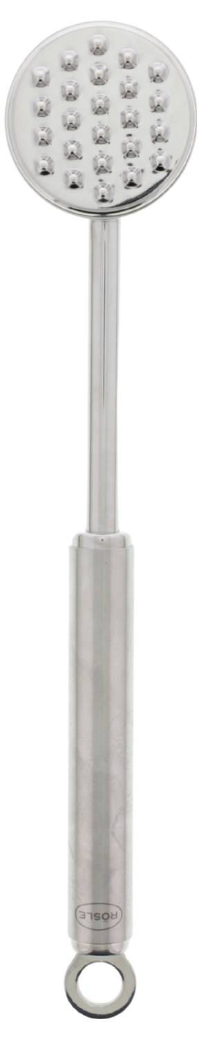 Metallkartoffelstampfer mit einem runden gelochten Kopf und einem langen Griff, ideal zum Stampfen von Kartoffeln und Gemüse in der Küche.