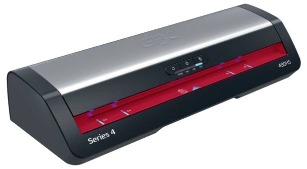Un stratificateur argent et noir étiqueté « Série 4 » avec des commandes sur le dessus et une zone d'alimentation rouge, conçu pour la lamination de documents.