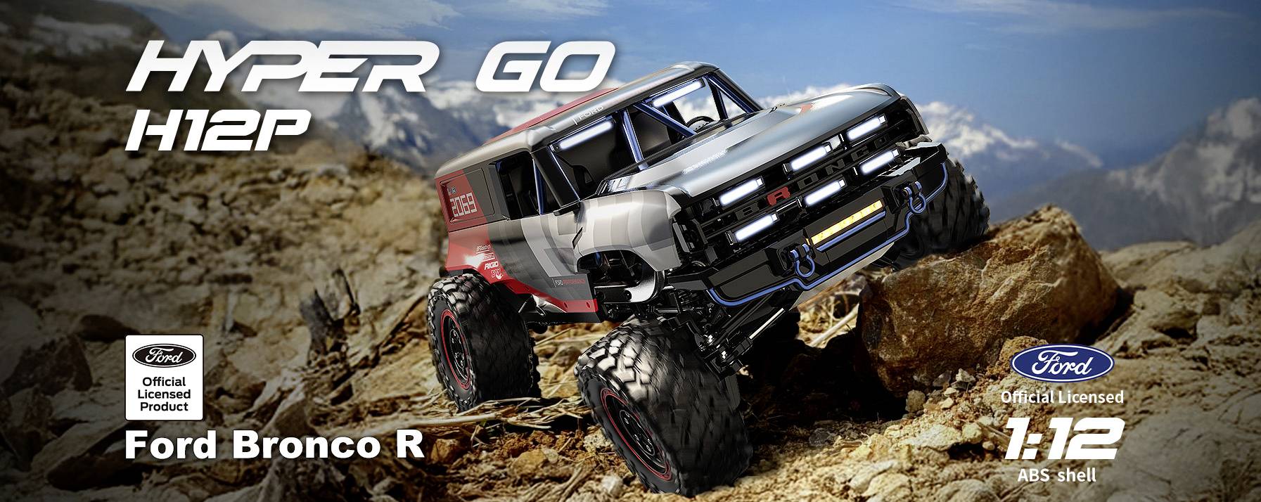 'Hyper Go H12P' Ford Bronco R télécommandé sur terrain rocailleux, soulignant sa capacité tout-terrain et la marque officielle Ford.