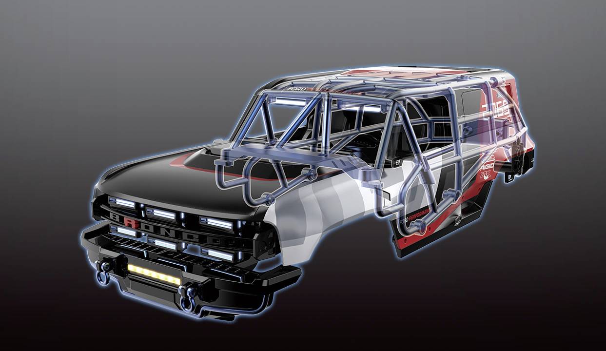 Un modèle de wireframe d'un véhicule tout-terrain, présentant une conception détaillée du châssis et de la carrosserie, mettant en évidence les éléments structurels.