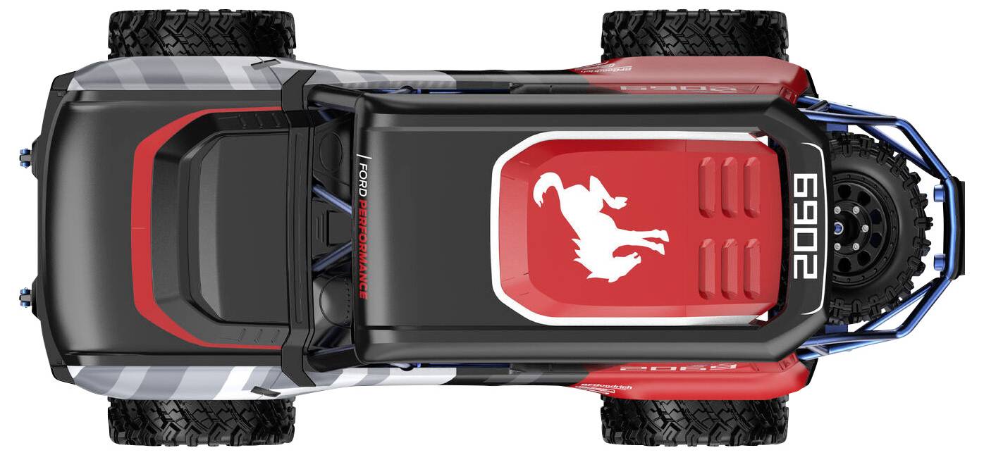 Un camion-jouet vu de dessus, présentant un design rouge avec un emblème de cheval blanc et le numéro '2069' sur son toit.