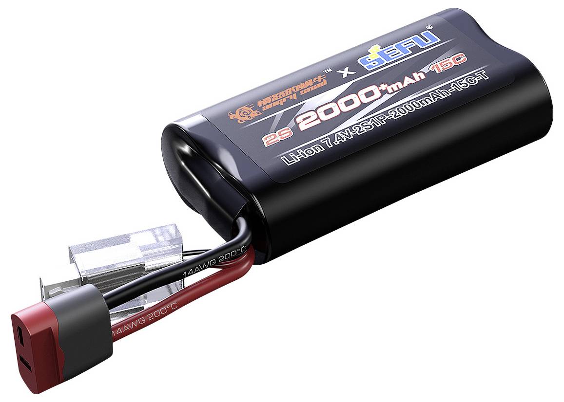 Batterie LiPo avec caractéristiques : 2S, 7,4V, 2000mAh, 15C, principalement enfermée avec des fils rouge et noir, et des connecteurs.
