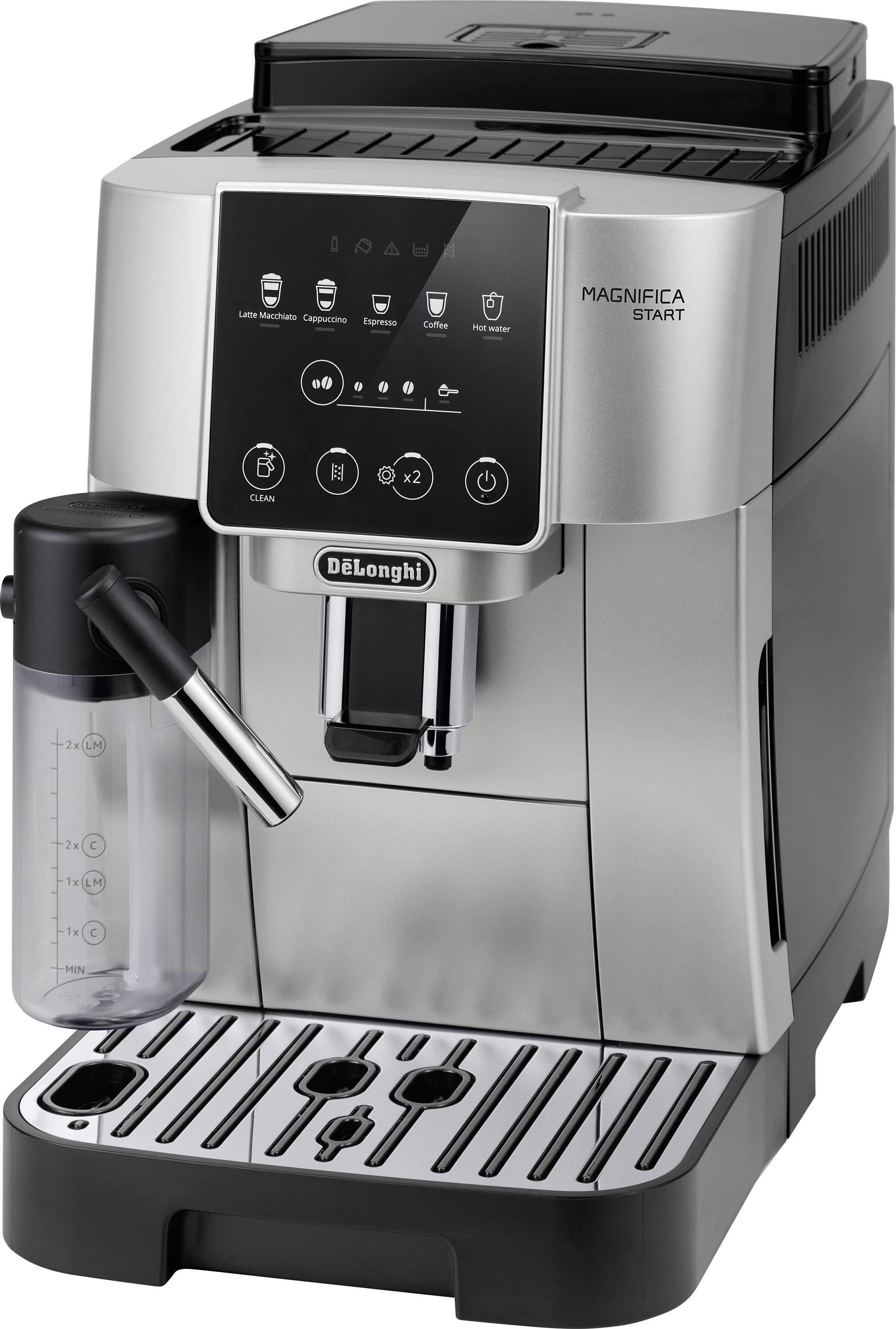 Une machine à espresso DeLonghi Magnifica Start en argent avec un panneau de commande frontal, un mousseur à lait et un plateau égouttoir.