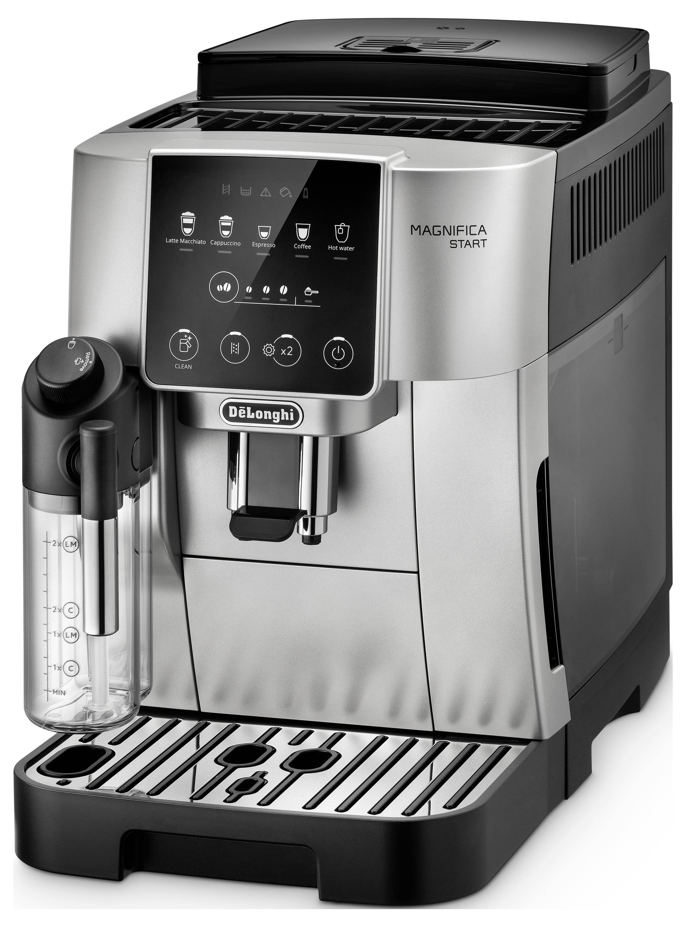 Machine à café De'Longhi Magnifica Start avec finition argent, commandes tactiles, mousseur à lait et bac d'égouttement.
