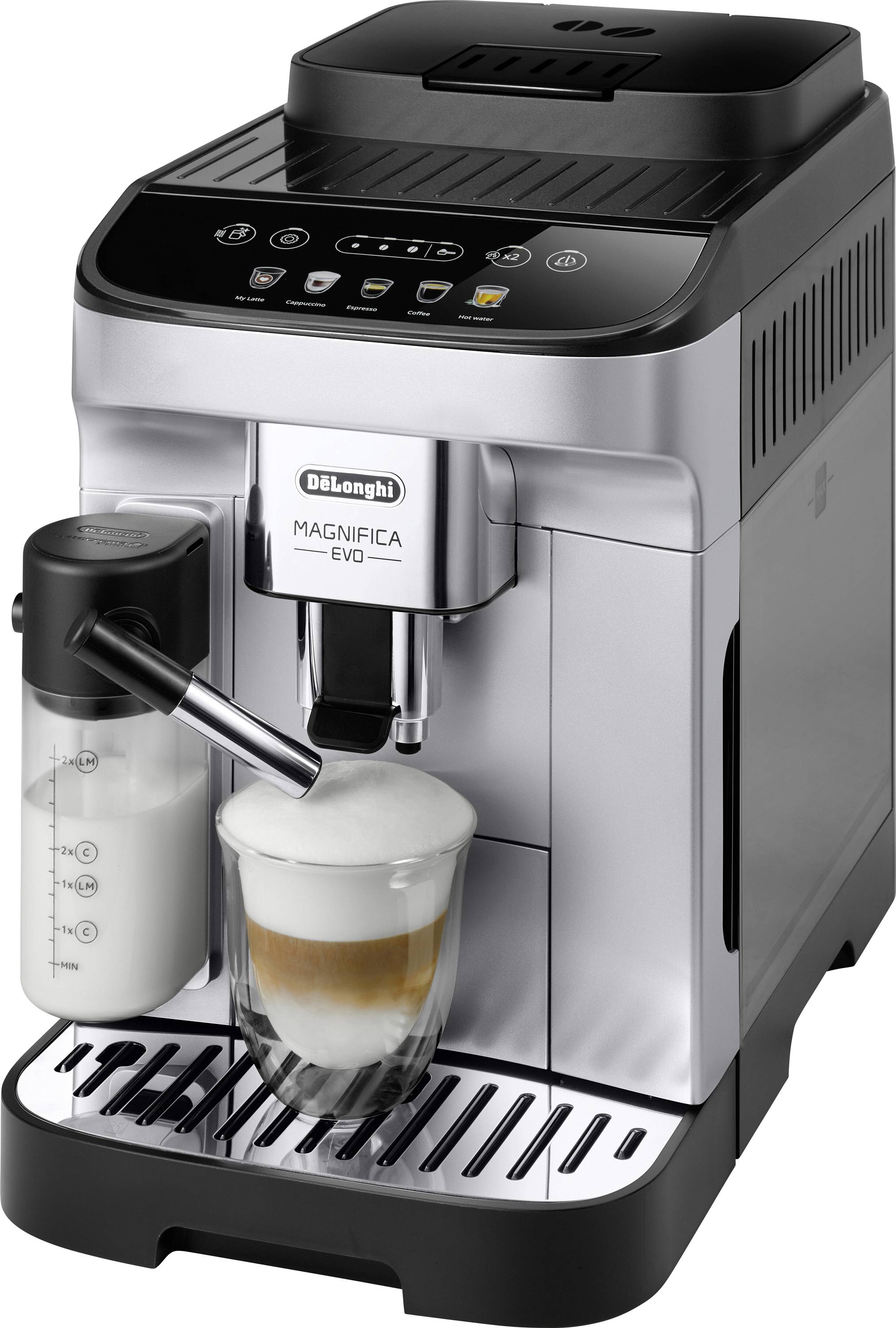Une machine à espresso en argent versant un cappuccino dans une tasse en verre, avec du lait mousseux et des boutons pour différentes options de café visibles.