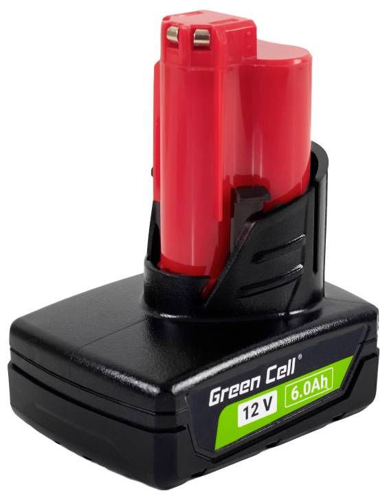 Un pack de batteries rouge et noir étiqueté « Green Cell 12V 6,0Ah », conçu pour les outils électroportatifs, est présenté verticalement avec ses bornes visibles.