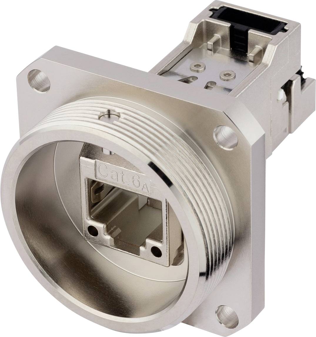 Ein Nahaufnahmebild eines Metall-Cat-6A-Ethernet-Anschlusses, das sein robustes Design und seine Kompatibilität für Hochgeschwindigkeits-Netzwerkverbindungen präsentiert.