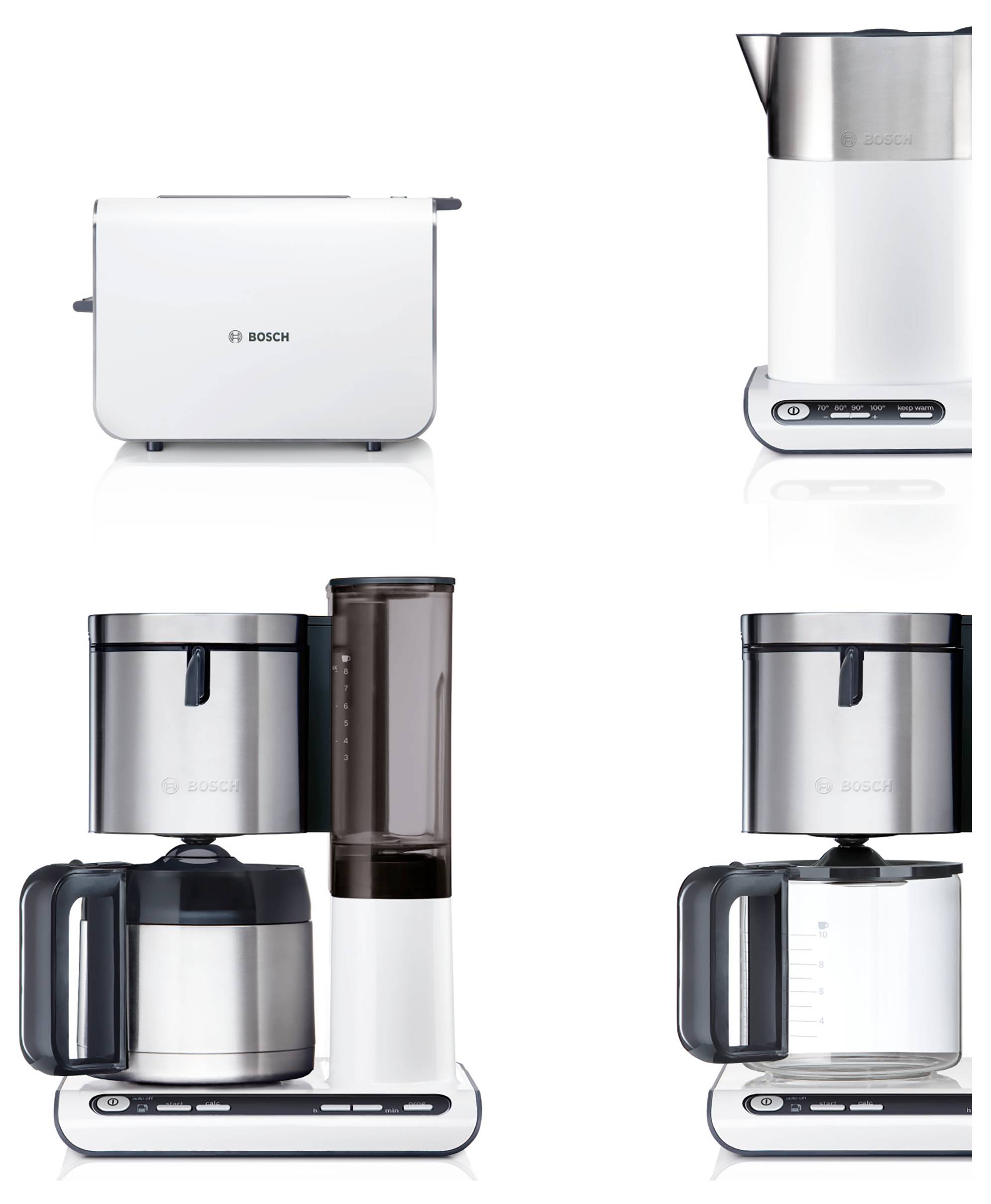 Un ensemble d'appareils de cuisine Bosch comprenant un grille-pain, une bouilloire électrique et deux cafetières avec différentes carafes.