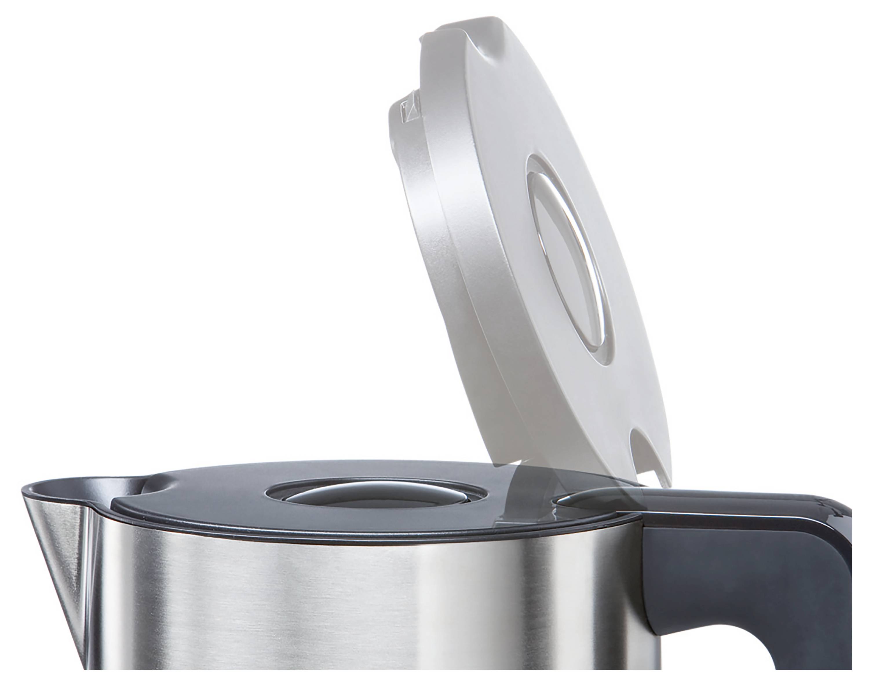 Bouilloire en acier inoxydable avec couvercle ouvert, révélant les détails intérieurs.