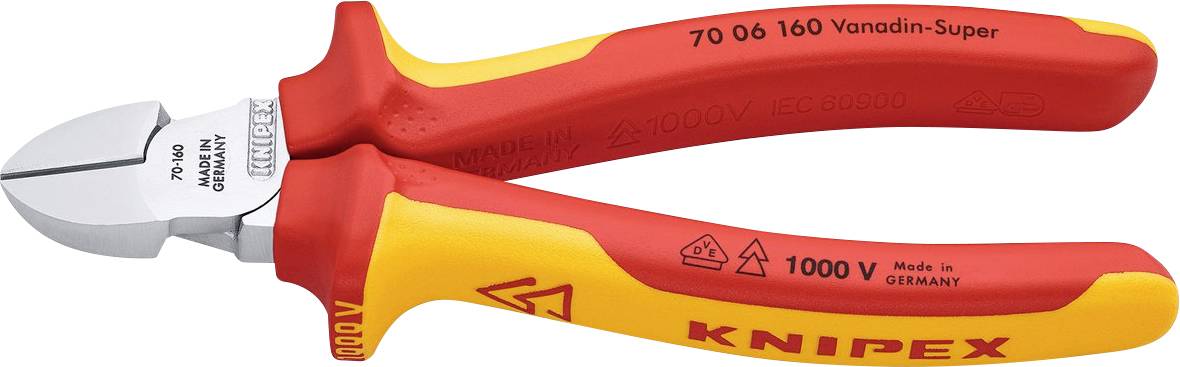 Rot-gelber Knipex Seitenschneider mit isolierten Griffen, mit der Bezeichnung '70 06 160 Vanadin-Super'. Für 1000V-Anwendungen geeignet.