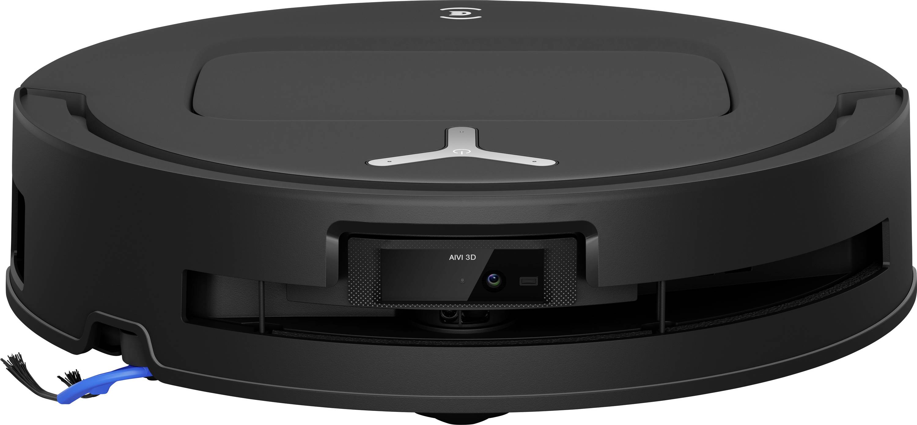 Un aspirateur robot noir élégant, photographié en contre-plongée, mettant en valeur son design arrondi, ses caméras et ses capteurs.