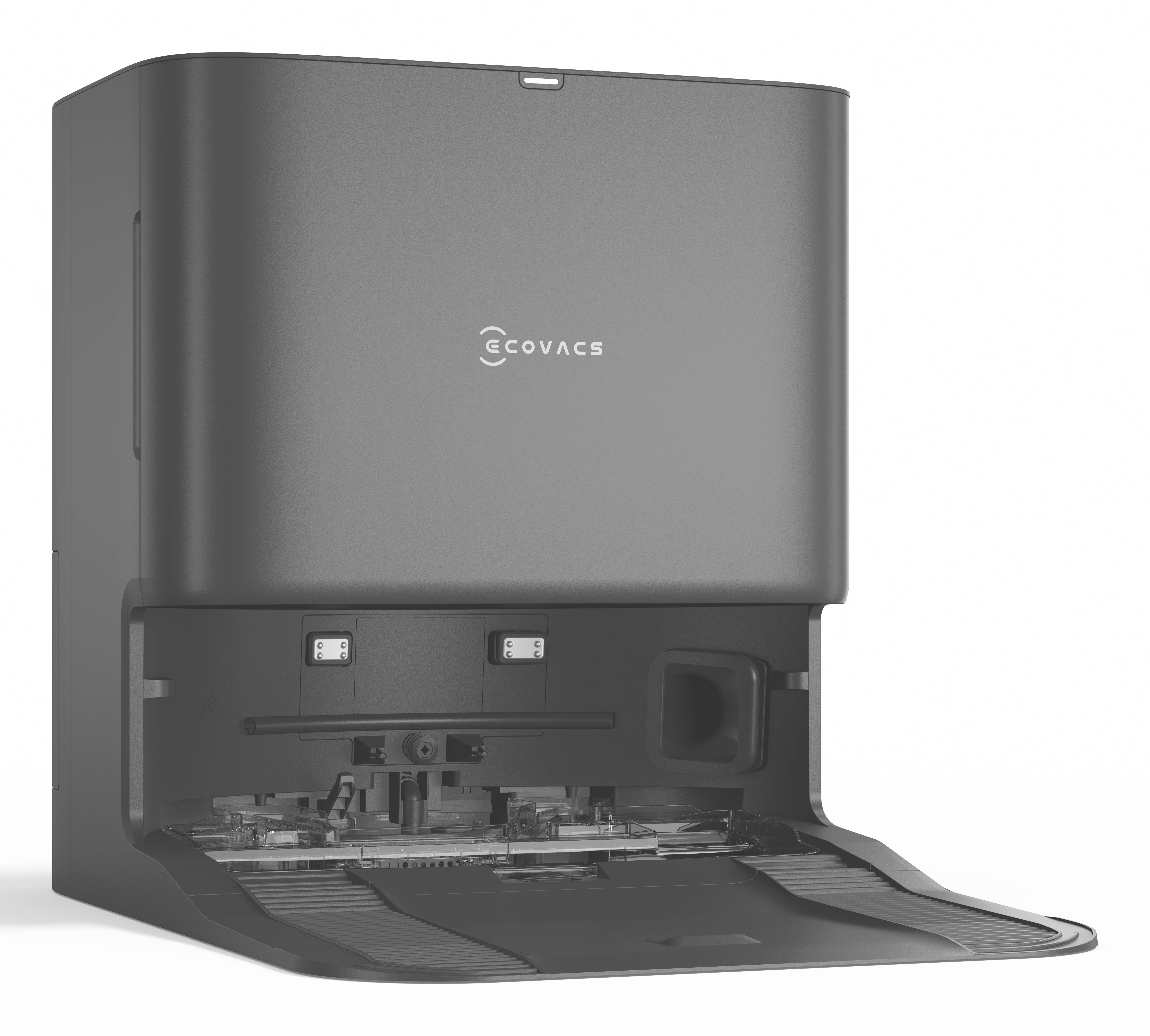 Un appareil de nettoyage Ecovacs élégant et noir, avec son couvercle avant ouvert, révélant ses compartiments internes conçus pour un nettoyage intelligent.