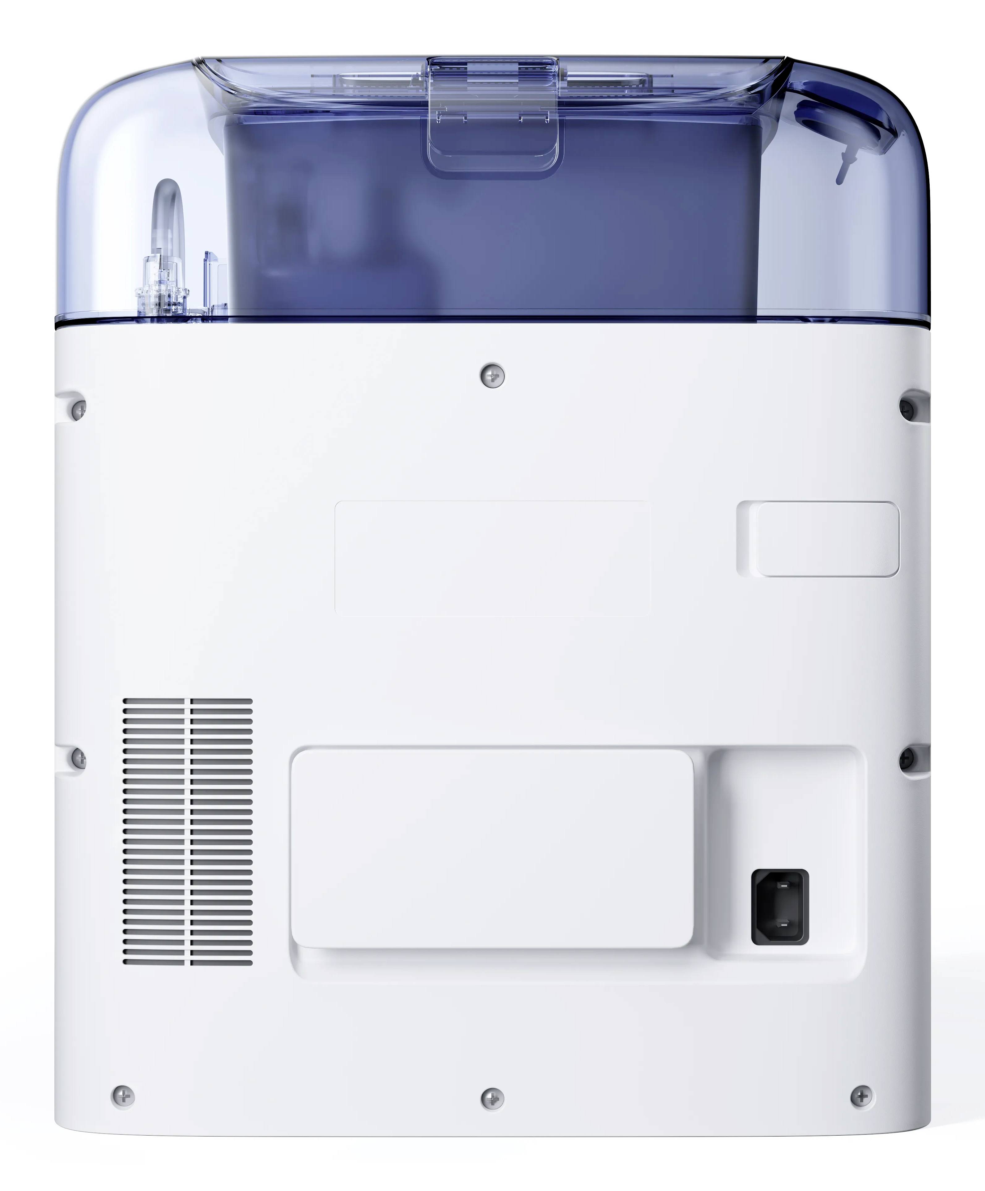 Un dispositif médical blanc et bleu avec une section supérieure transparente et différents compartiments et connexions à l'arrière.