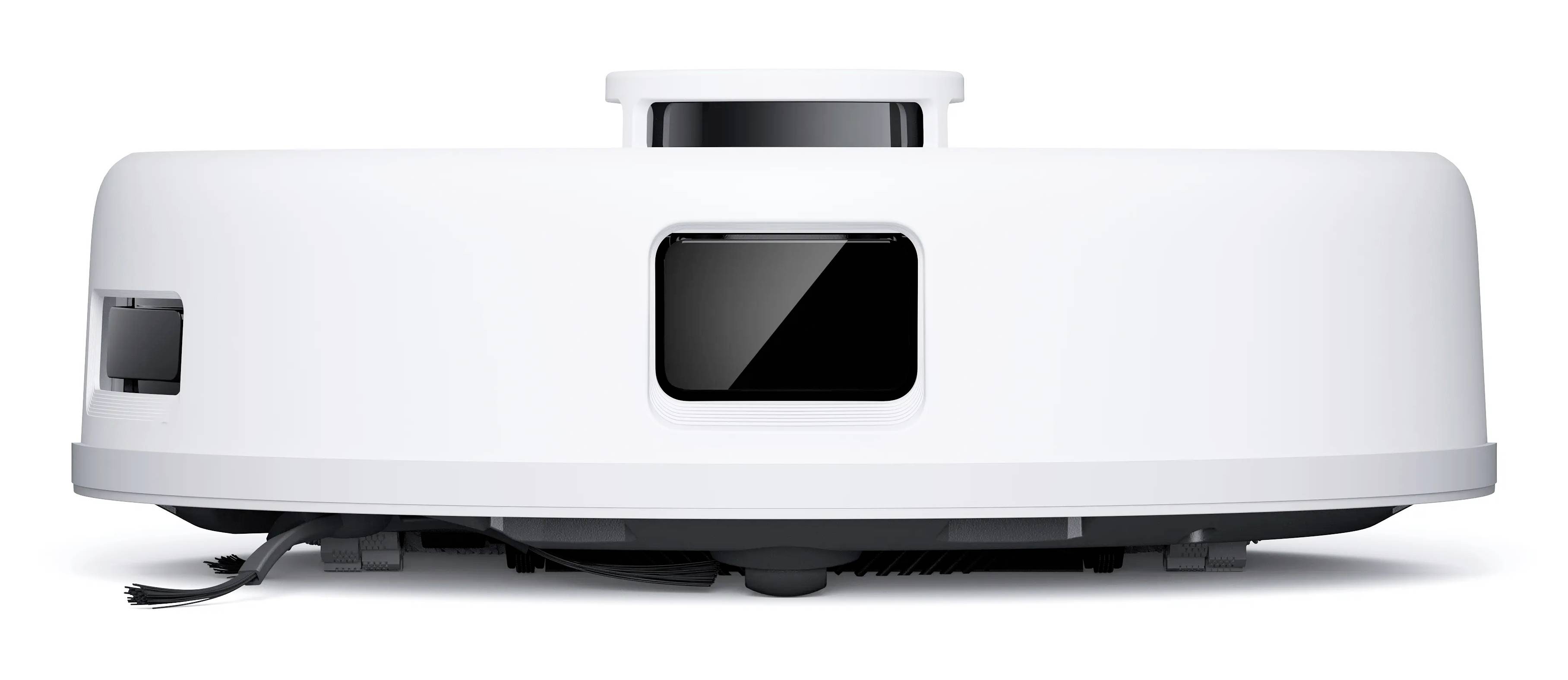 Un aspirateur robot blanc avec un capteur central sur le dessus, conçu pour le nettoyage automatique des sols.