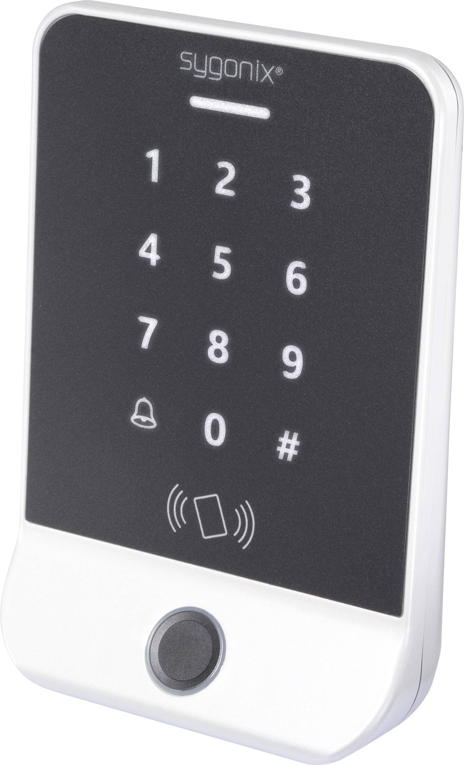 Un clavier d'accès numérique présentant les chiffres 0-9, une icône de sonnette, un signe dièse et une zone de balayage de carte. Indique une interface de système de sécurité.