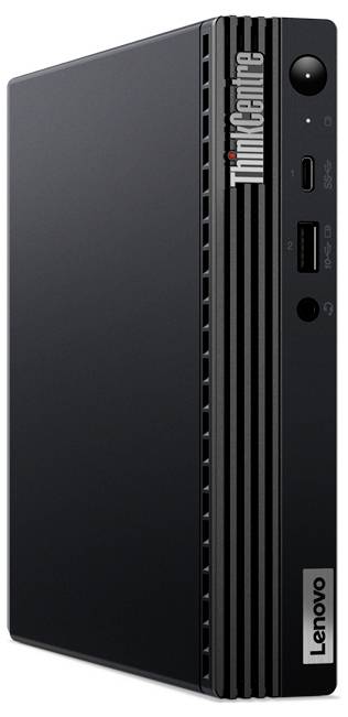 Un ordinateur de bureau compact Lenovo ThinkCentre au design noir élégant, doté de ports frontaux pour la connectivité USB et audio.