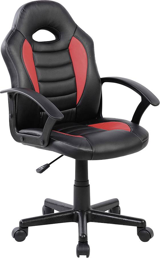 Une chaise de bureau pivotante ergonomique noir et rouge avec siège et dossier rembourrés, levier de réglage de hauteur et base à roulettes pour une mobilité optimale.