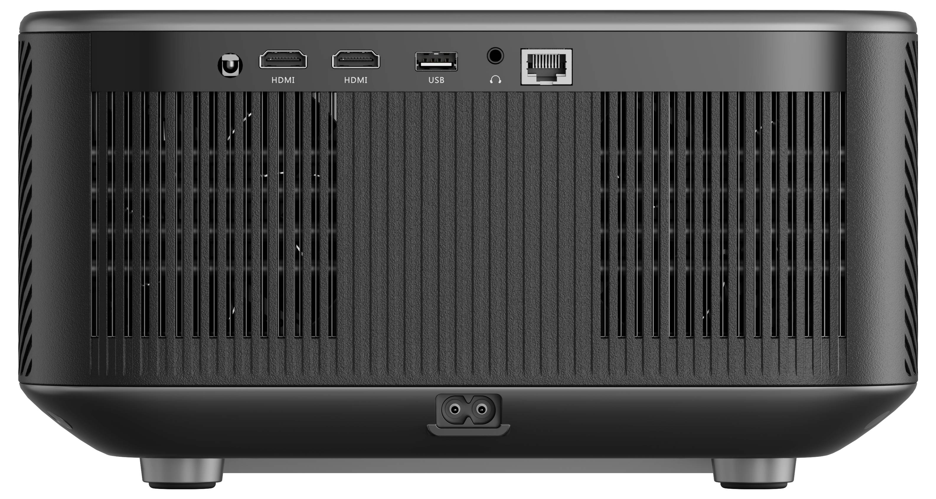 L'image montre la vue arrière d'un appareil électronique noir avec des grilles de ventilation et des ports étiquetés « HDMI », « USB » et un port Ethernet.