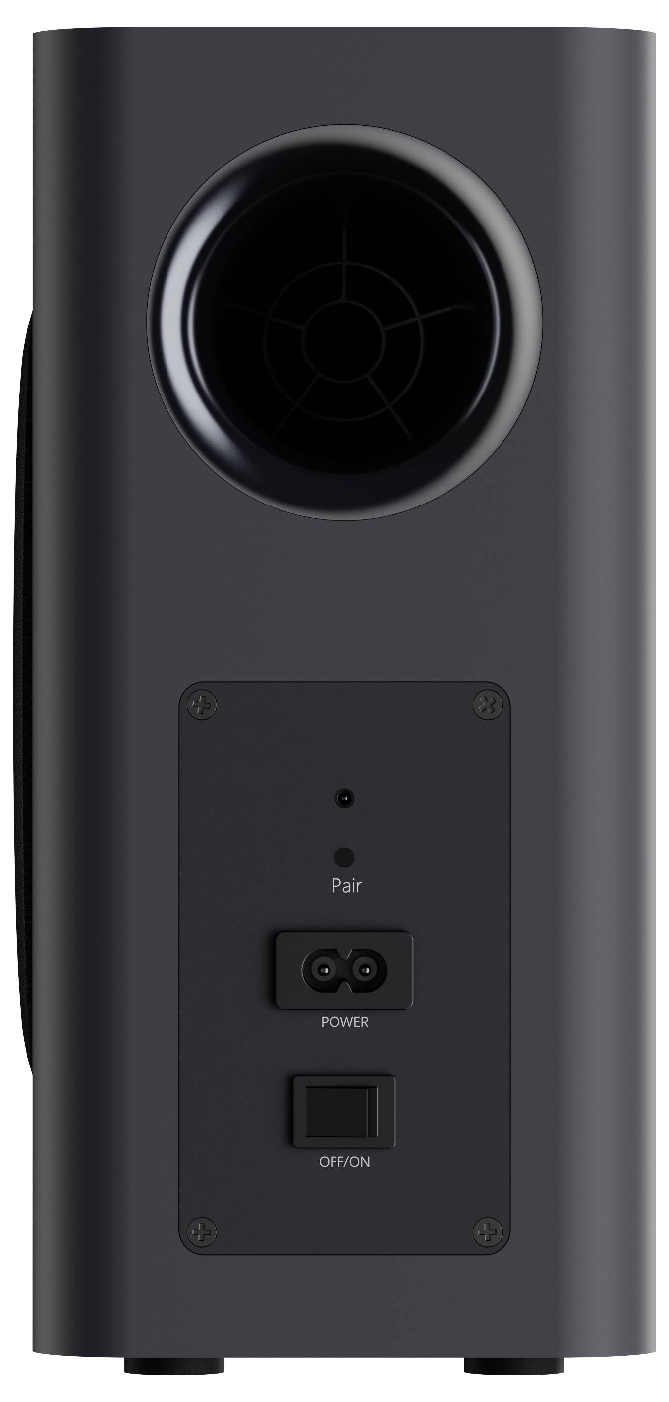 L'image montre l'arrière d'un haut-parleur électronique noir, doté d'un port rond, d'un bouton de jumelage et de commandes d'alimentation/marche/arrêt.