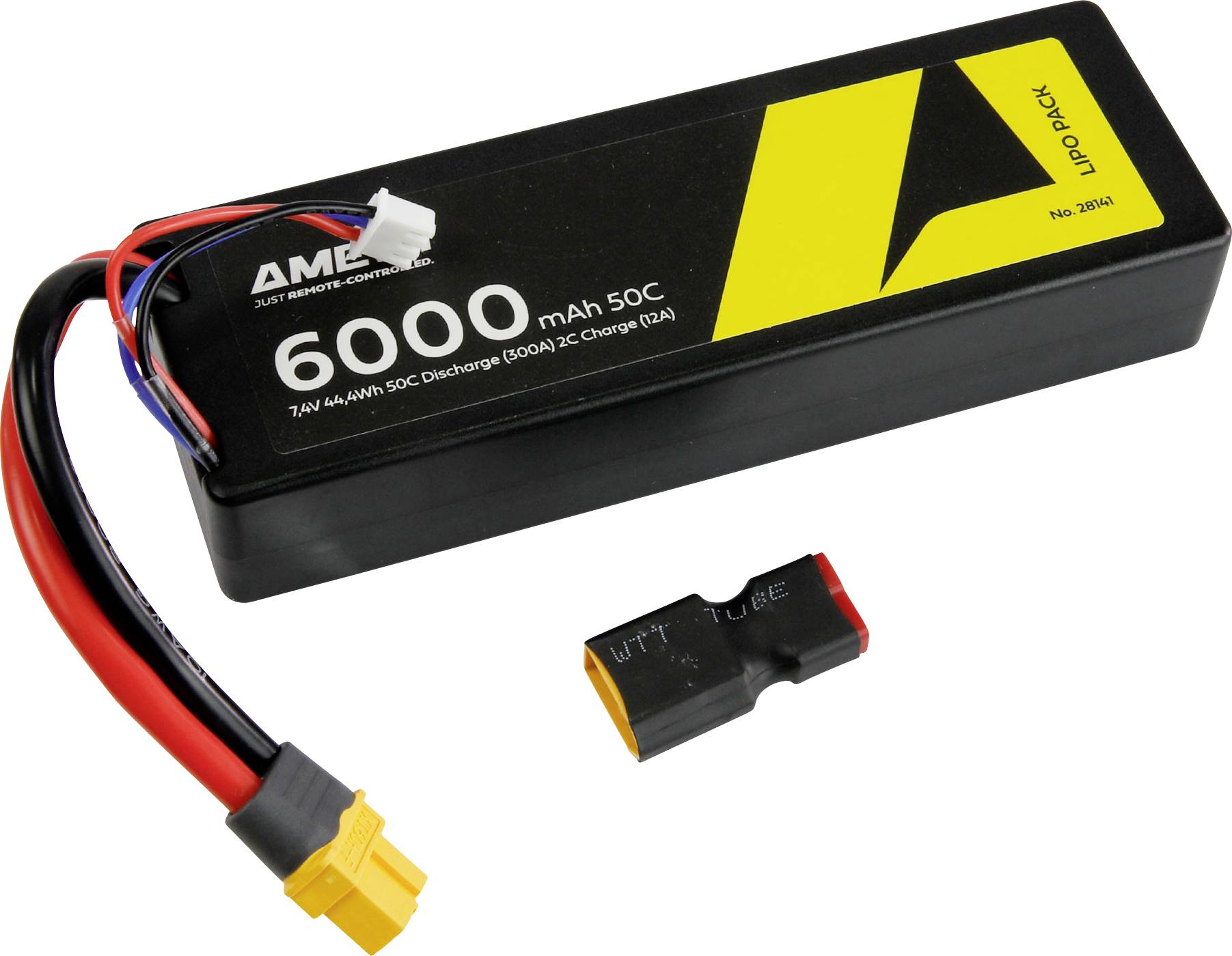 Une batterie LiPo rectangulaire de 6000 mAh 50C avec une étiquette jaune et noire, dotée de fils rouges et noirs et d'un connecteur jaune ; un petit adaptateur repose à côté.