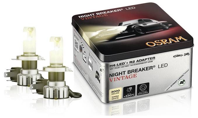 OSRAM Night Breaker Vintage LED Autolampen Verpackung, mit einem Bild eines klassischen Autos. Enthält zwei Glühbirnen, hervorgehoben für den Automobilbereich.