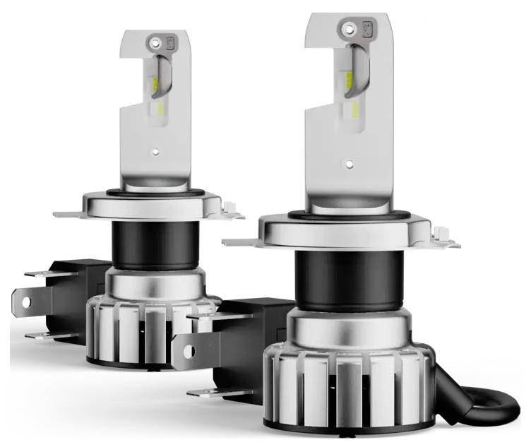 Deux ampoules de phare à LED avec des composants argentés et noirs, conçues pour une utilisation automobile, présentant une structure compacte et une finition métallique.