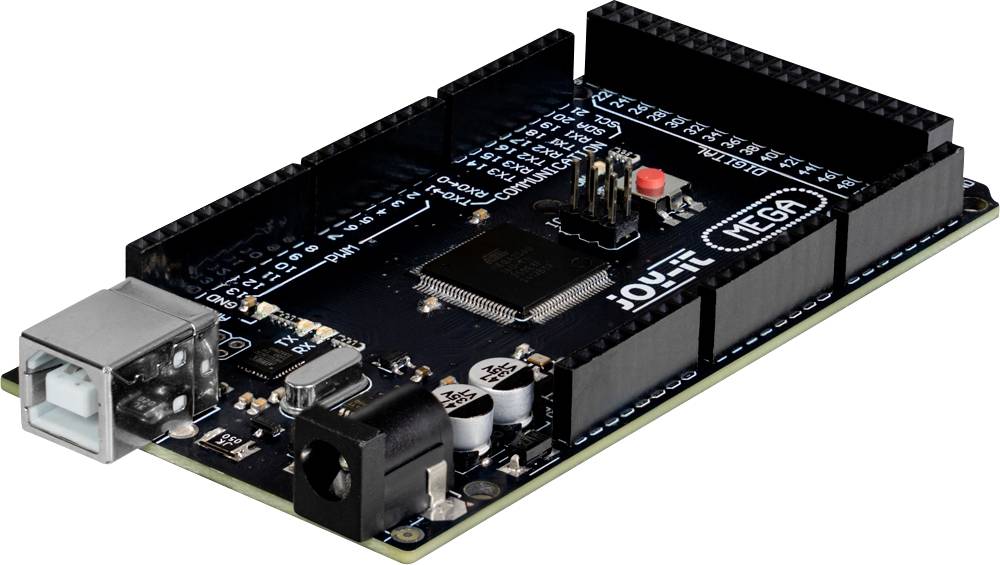 Carte Arduino Mega 2560 équipée d'un port USB, d'un connecteur d'alimentation, d'un microcontrôleur et de broches de connexion pour divers projets électroniques.