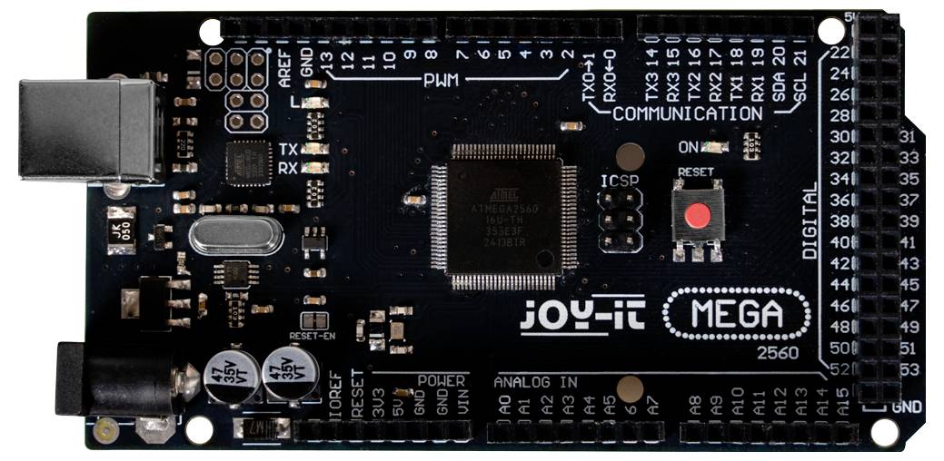 Carte de microcontrôleur Joy-It Mega 2560 avec ports et composants étiquetés. Comprend une connexion USB, des broches numériques et analogiques.