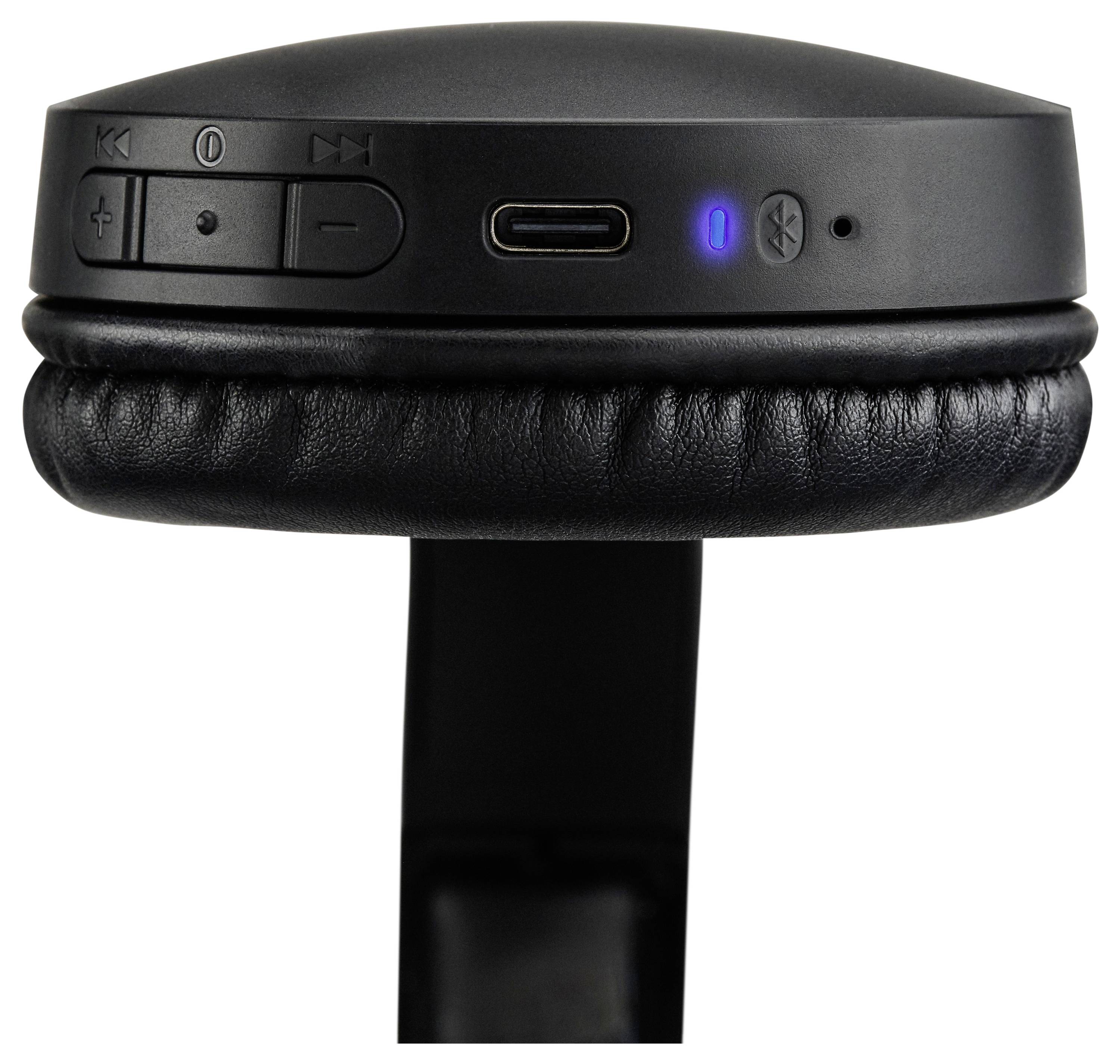 Gros plan sur des écouteurs circum-auriculaires noirs présentant des boutons de commande et un voyant lumineux bleu Bluetooth sur le côté du couvre-oreille.