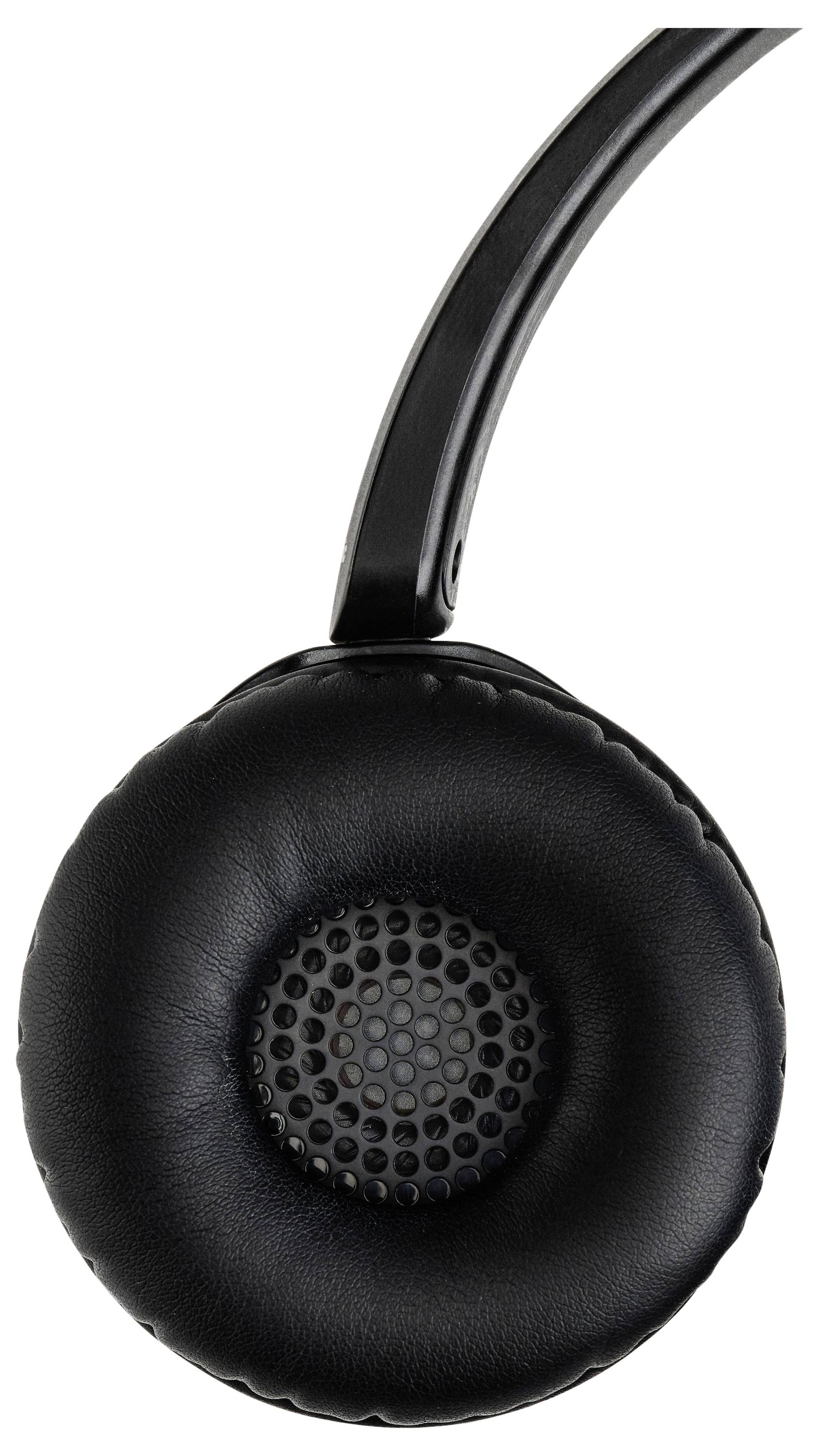 Casque audio noir circumaural avec coussinets d'oreille rembourrés et grille de haut-parleur perforée, vue de profil.