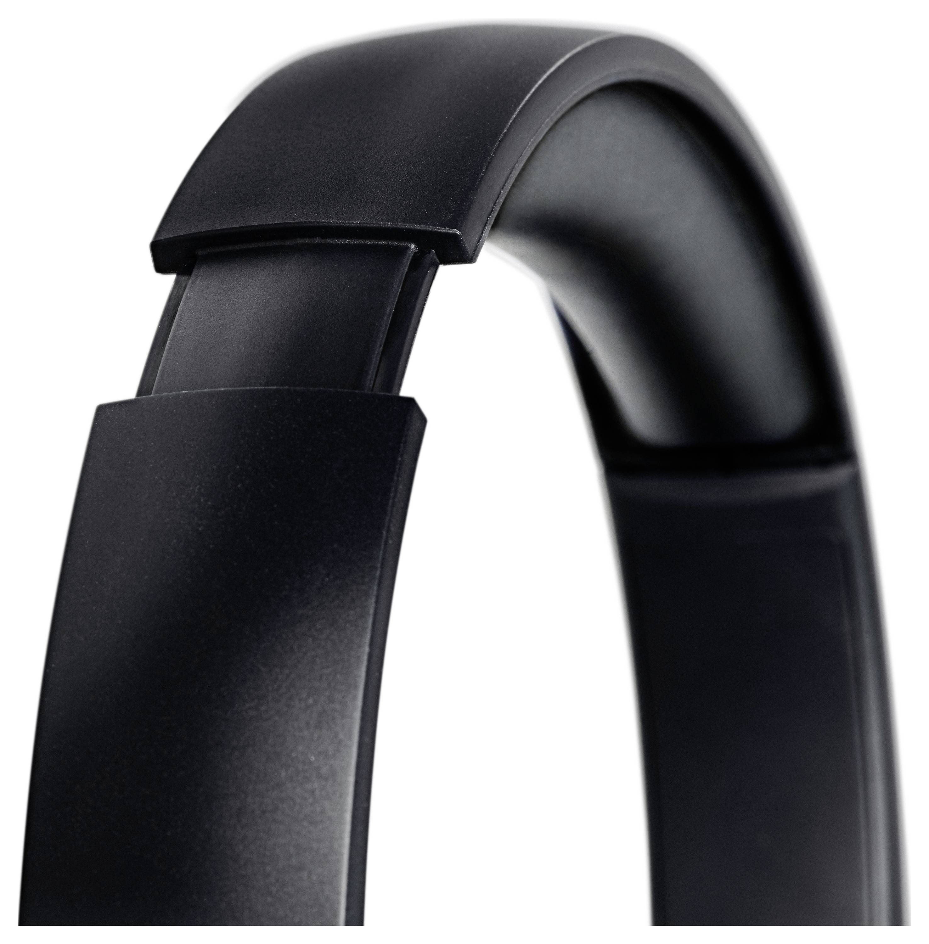 Un gros plan sur un arceau de casque noir et élégant, doté de coussinets rembourrés pour un confort optimal.