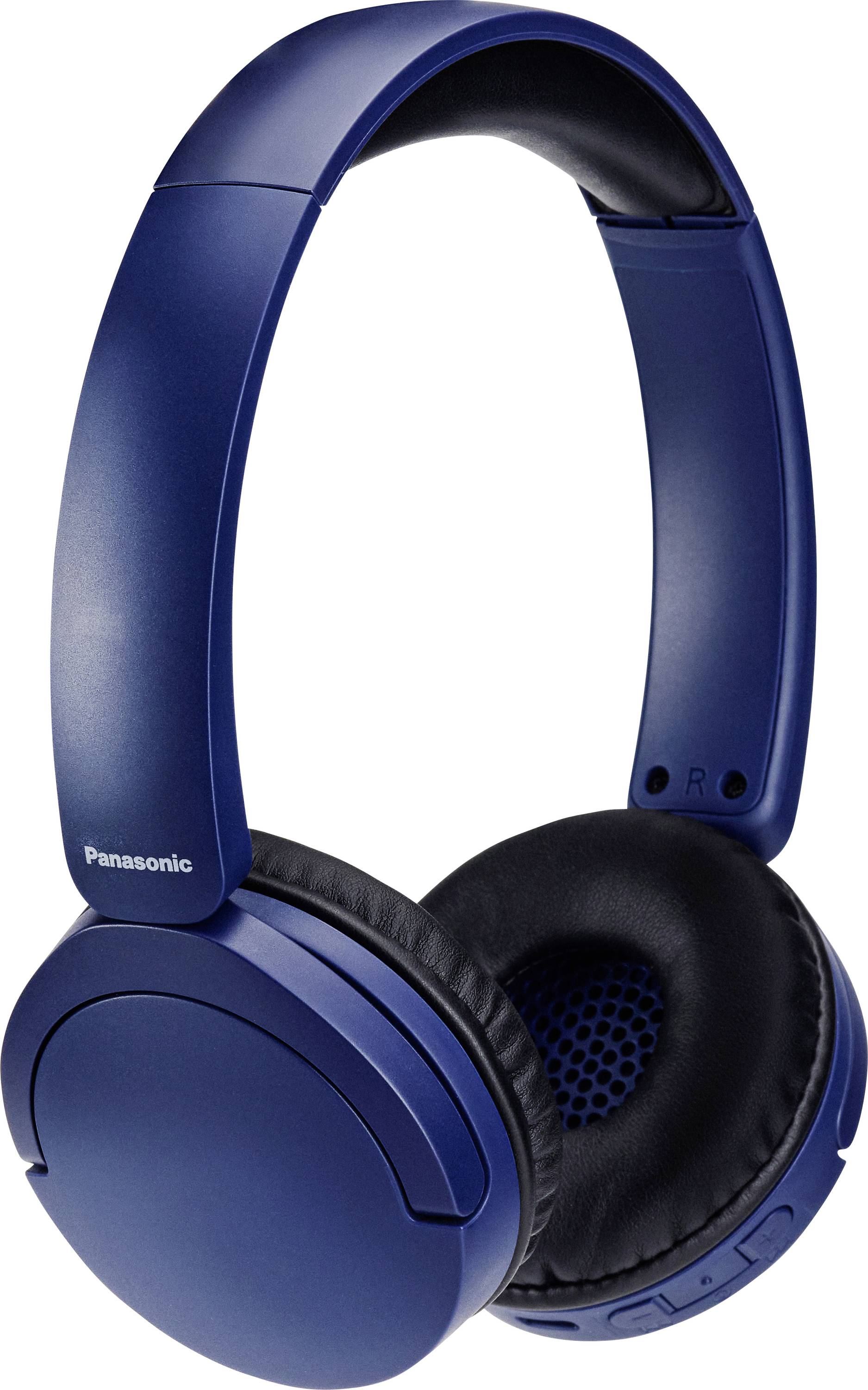 Une paire d'écouteurs sans fil circumauraux bleus avec des coussinets d'oreille noirs rembourrés, portant la marque « Panasonic » sur le côté.