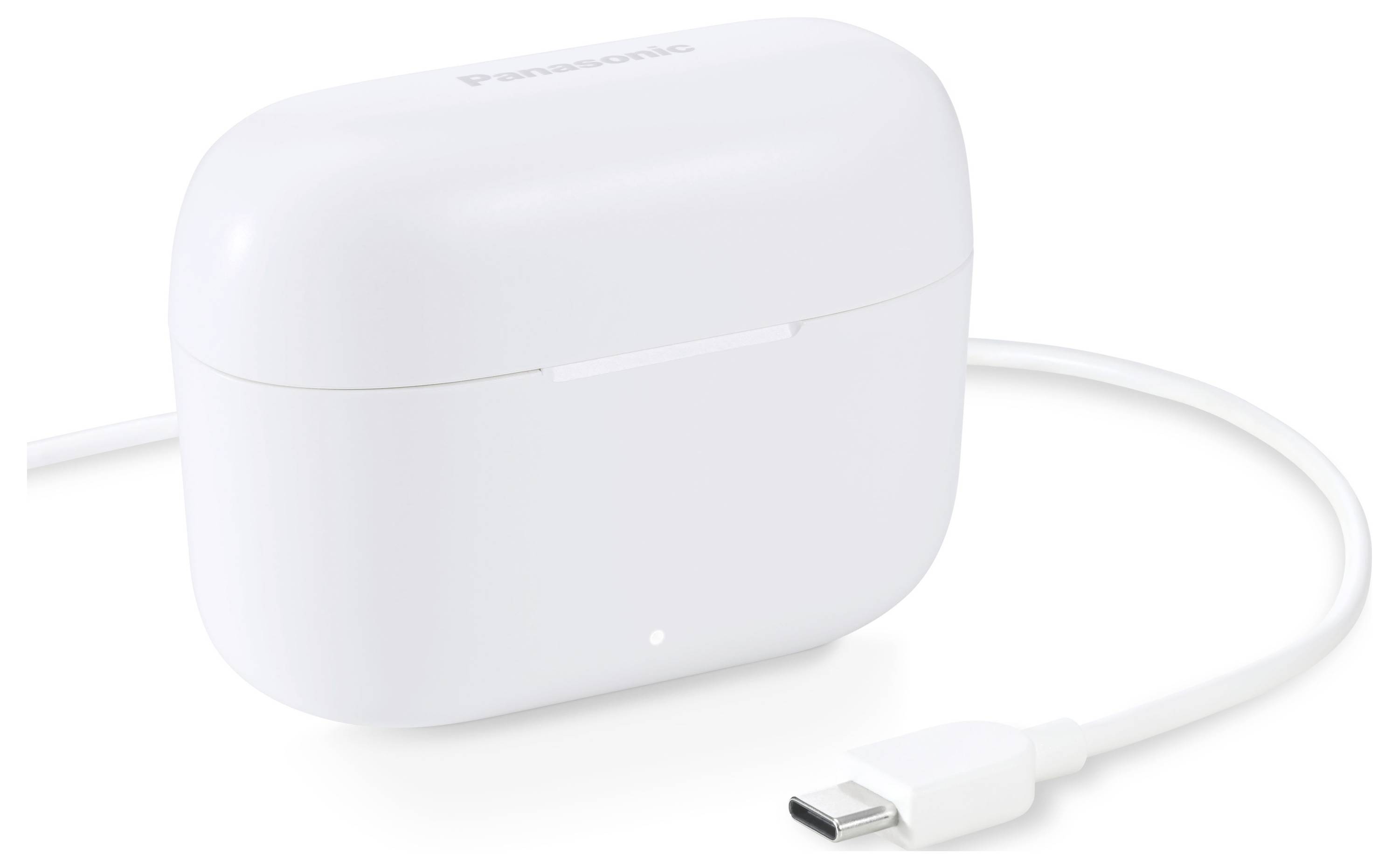 Boîtier de chargement pour écouteurs sans fil blancs rectangulaires, connecté par un câble USB-C.