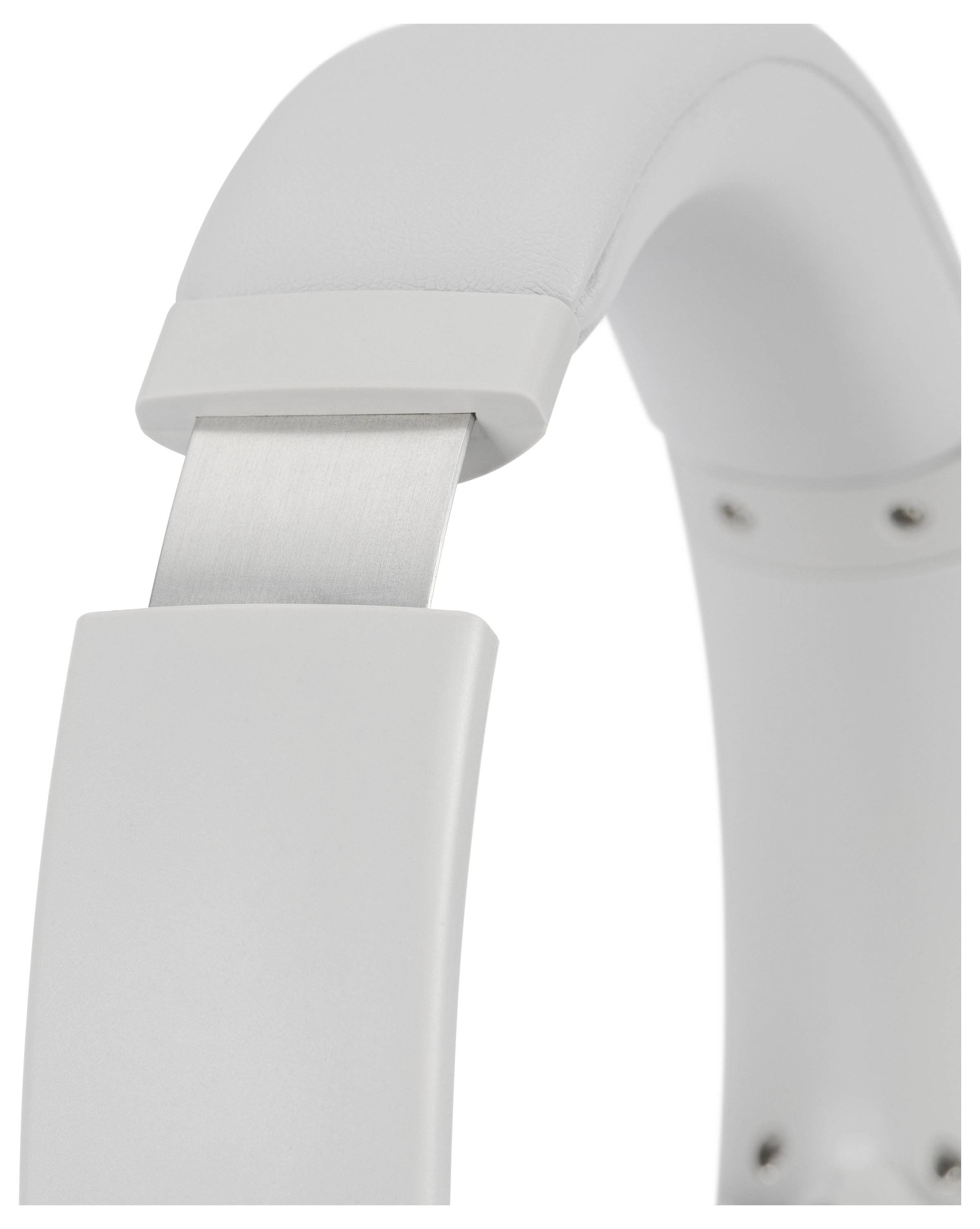 Un gros plan d'un casque audio blanc à écouteurs circumauraux, montrant le mécanisme de réglage de l'arceau avec des détails métalliques.