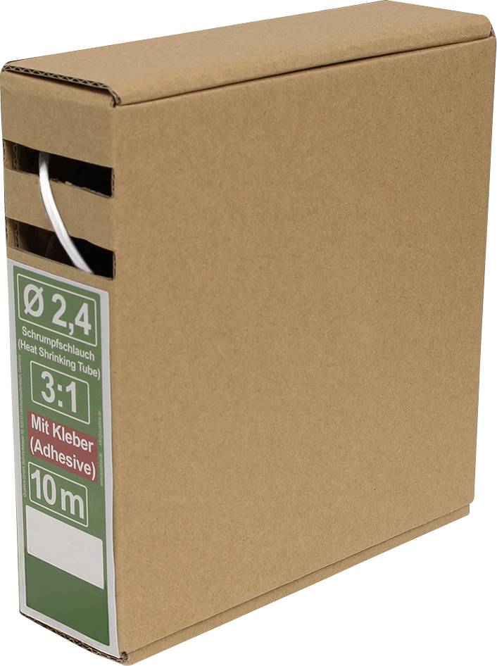 Un carton contenant un rouleau de gaine thermorétractable de 10 m de long, avec un diamètre de 2,4 mm et un adhésif ; étiquetée « ratio de rétrécissement 3:1 ».
