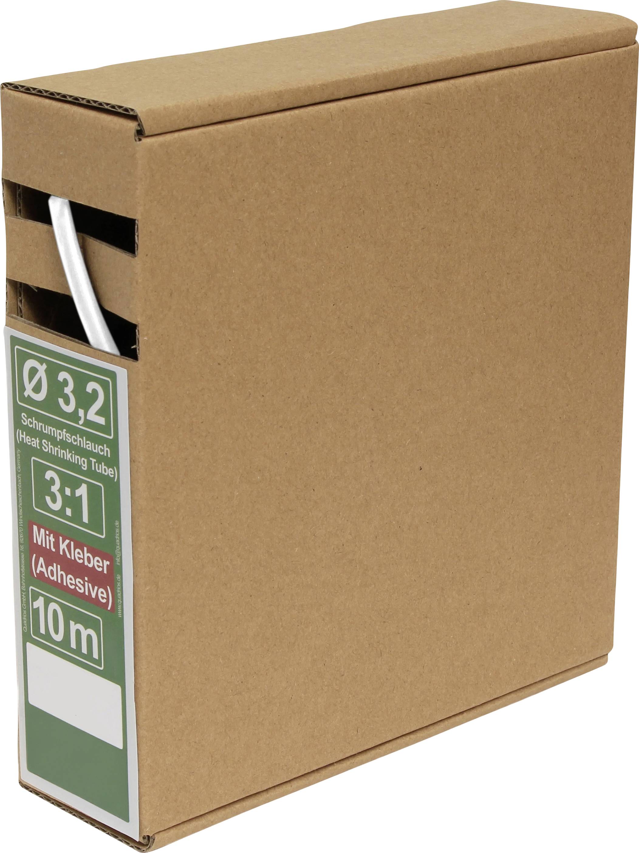 Une boîte en carton étiquetée « Tube thermorétractable 3:1 Avec Colle, Ø 3,2, 10m » avec un tube blanc dépassant.
