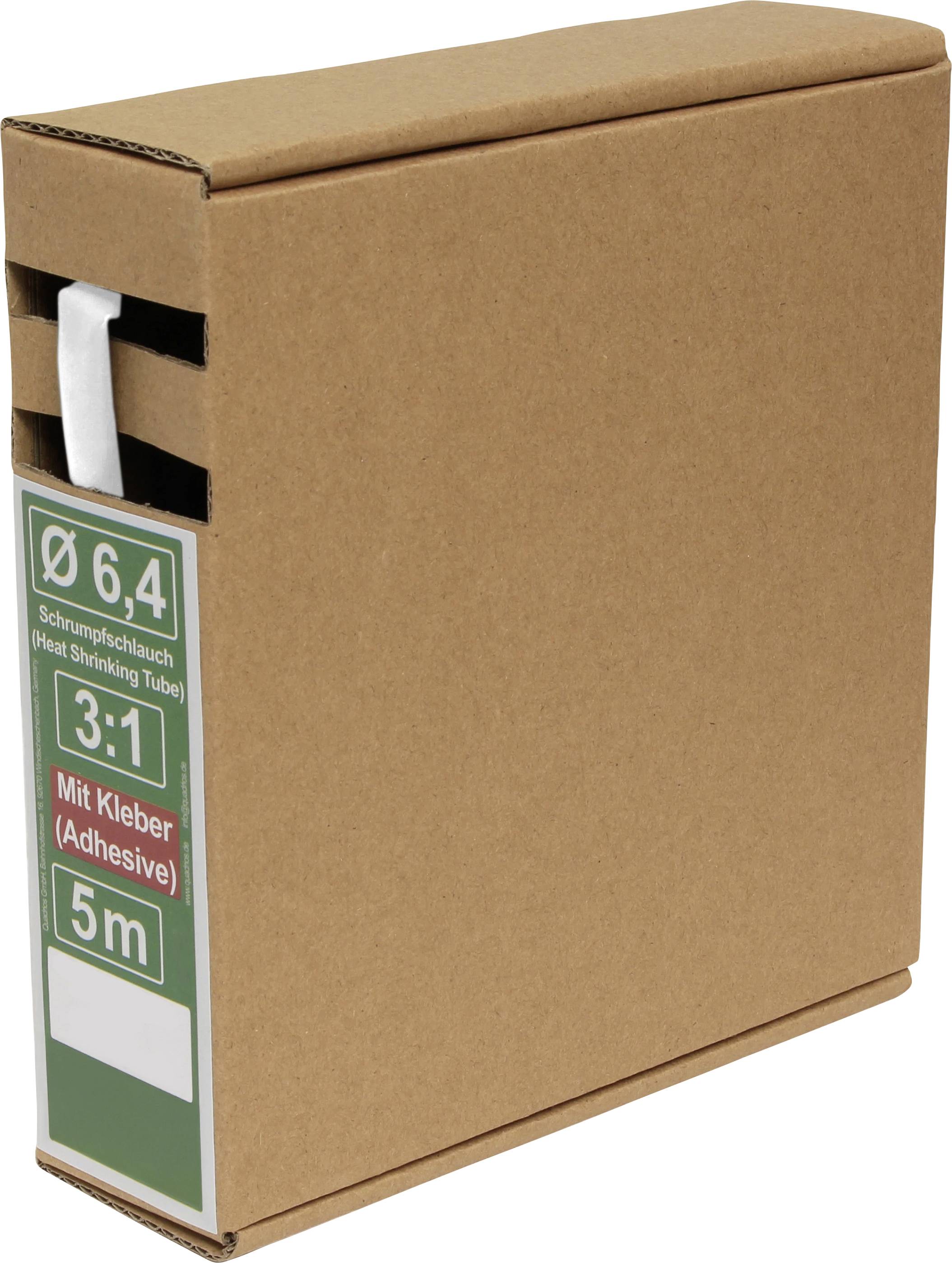 Une boîte en carton étiquetée « Ø 6,4 Gaine thermorétractable 3:1 Avec colle (Adhésif) 5m »