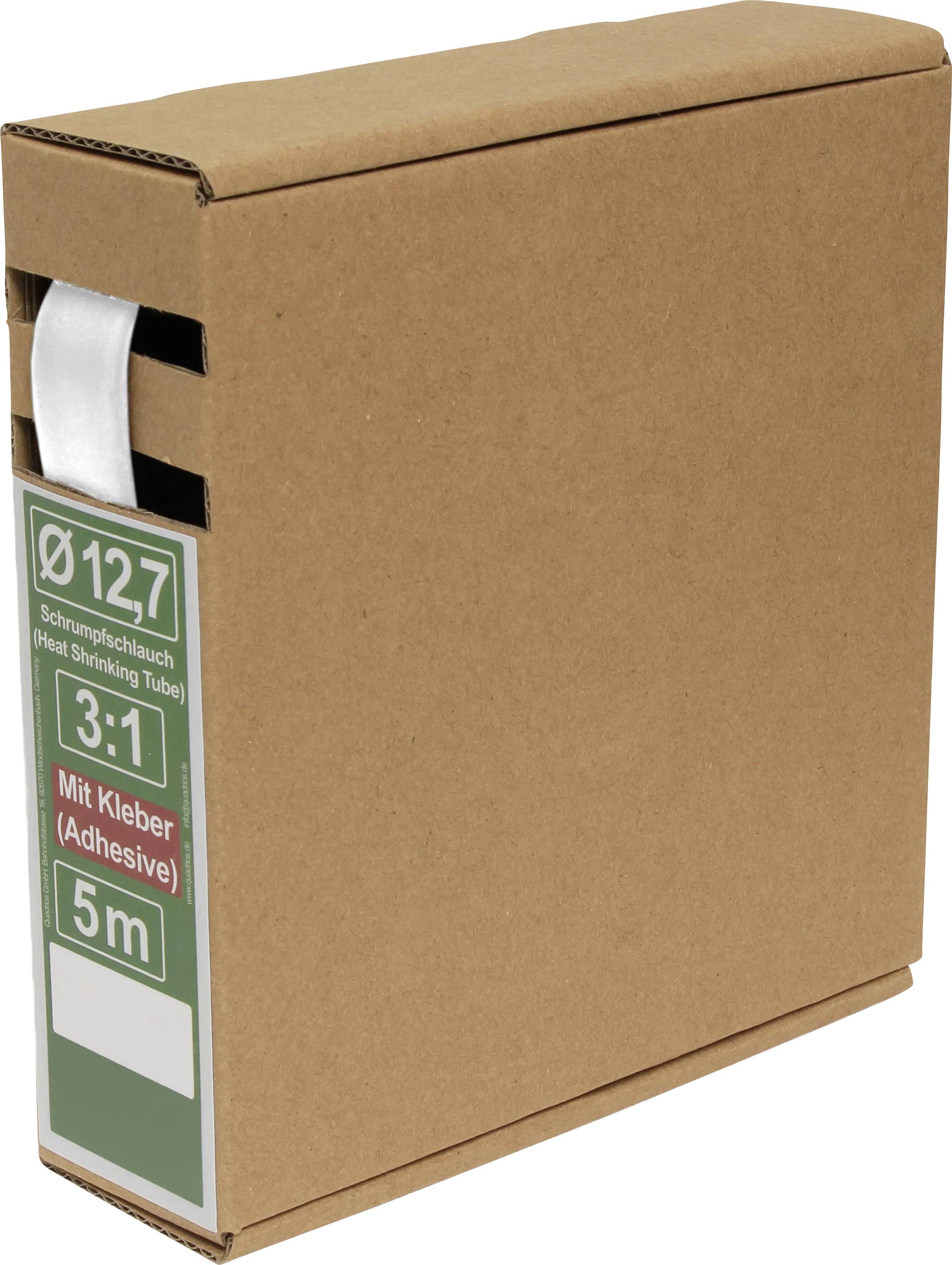 Un carton portant une étiquette indiquant « Gaine thermorétractable, Tube thermorétractable, Ø127, 3:1, 5m, Avec adhésif »